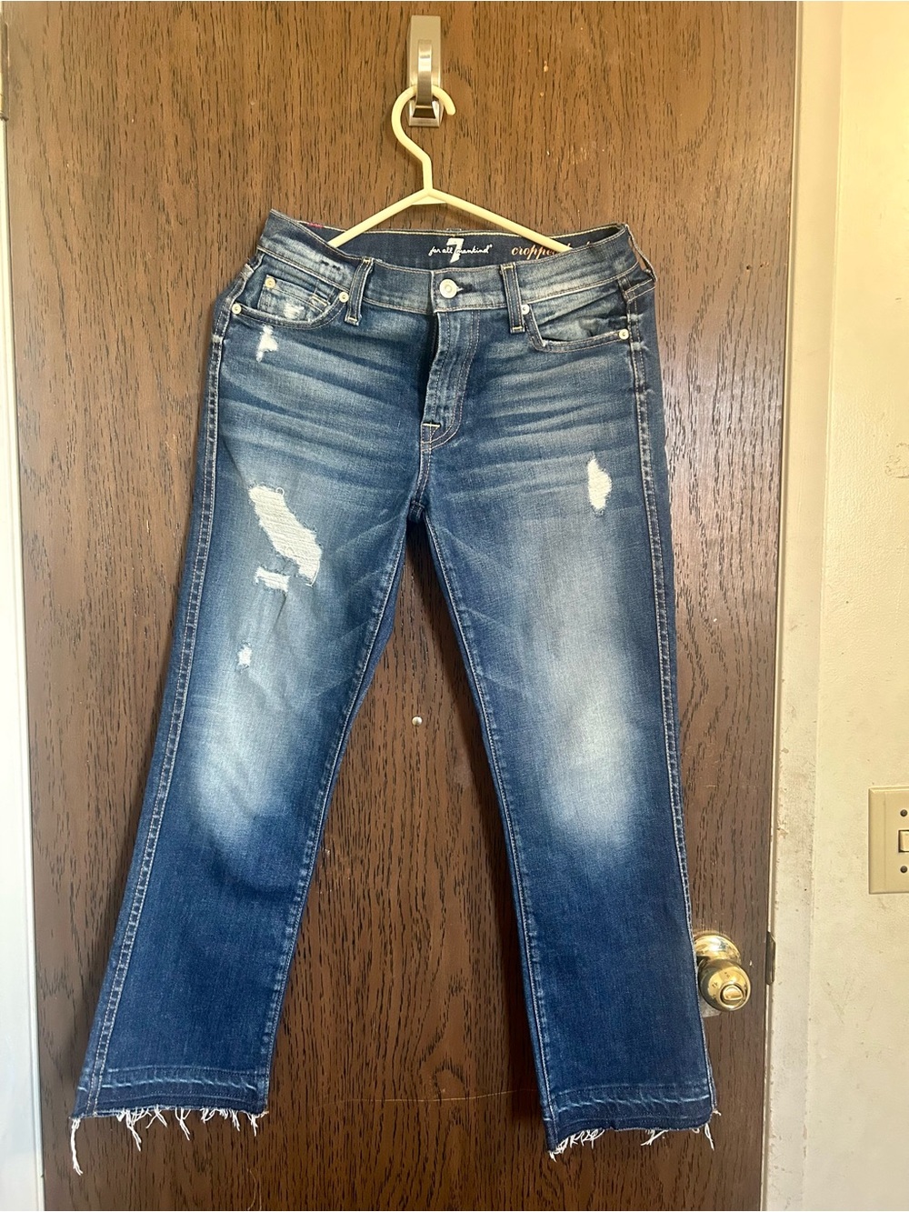 7 For All Mankind Blue Straight-Leg Distressed Jeans